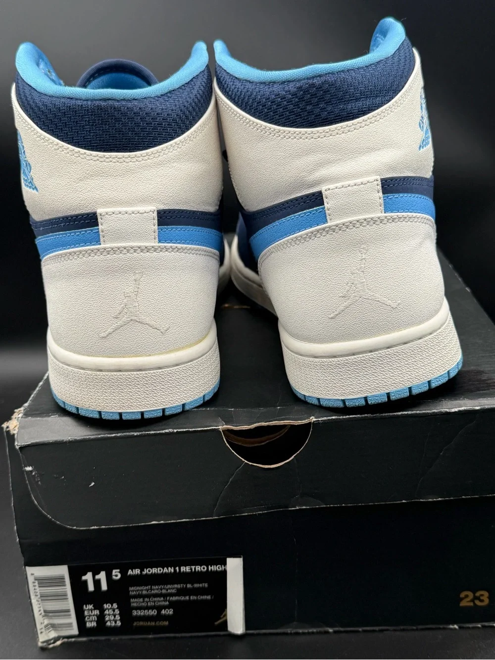 Air Jordan 1 High Top Sneakers in midnight navy and University Blue 11.5 M A+
